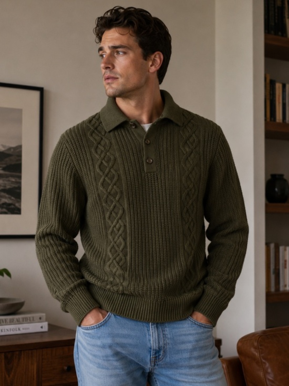 Banana Republic Green Cable-Knit Crewneck Polo Sweater, size small